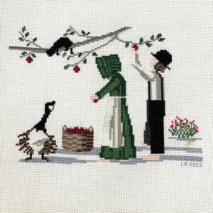 Completed Vintage Cross Stitch Farmers Geese Cat in Tree Amish - Signed LA 2003